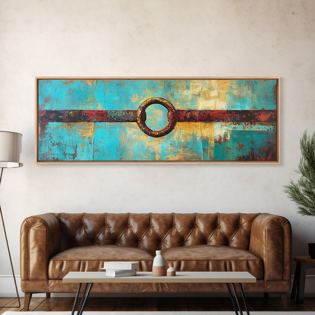 Abstract Metal Ring, geometric wall art, southwest wall art, rustic decor, moody art, tall narrow art, wabi sabi art, Framed Canvas Print
