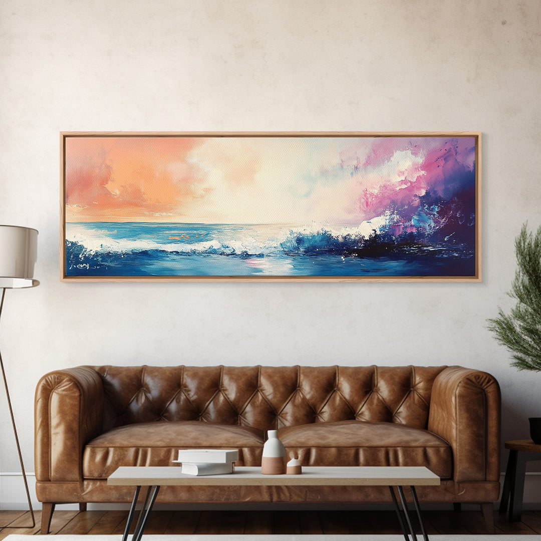 Ocean Sunset Waves, coastal painting, seascape painting, nautical wall art, pink orange wall art, extra wide art, Canvas Print
