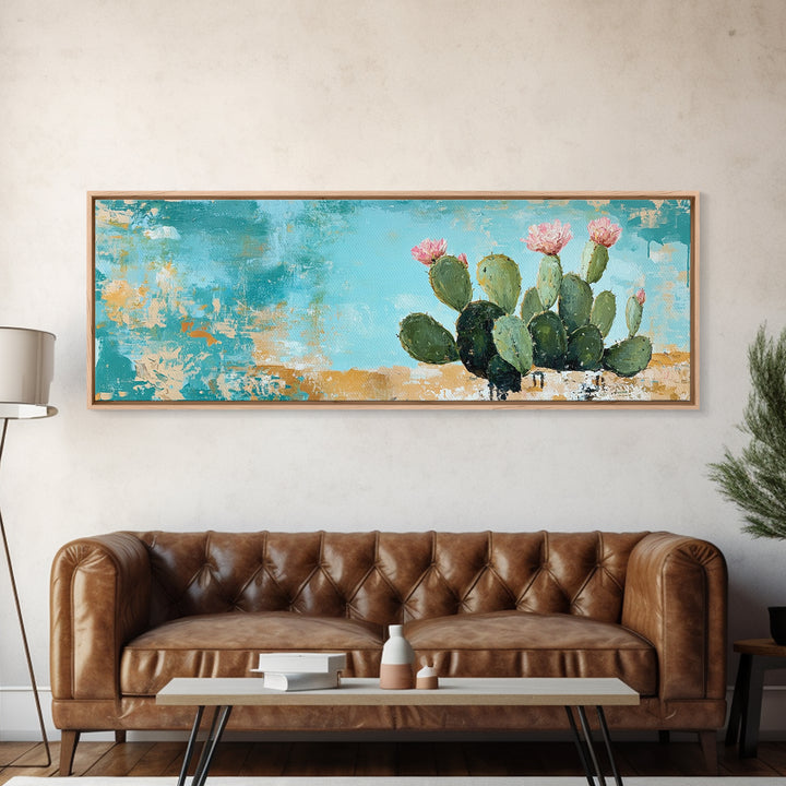 Blooming Cactus, agave painting, botanical prints, desert landscape art, teal wall art, wabi sabi art, rustic decor, Framed Canvas Print