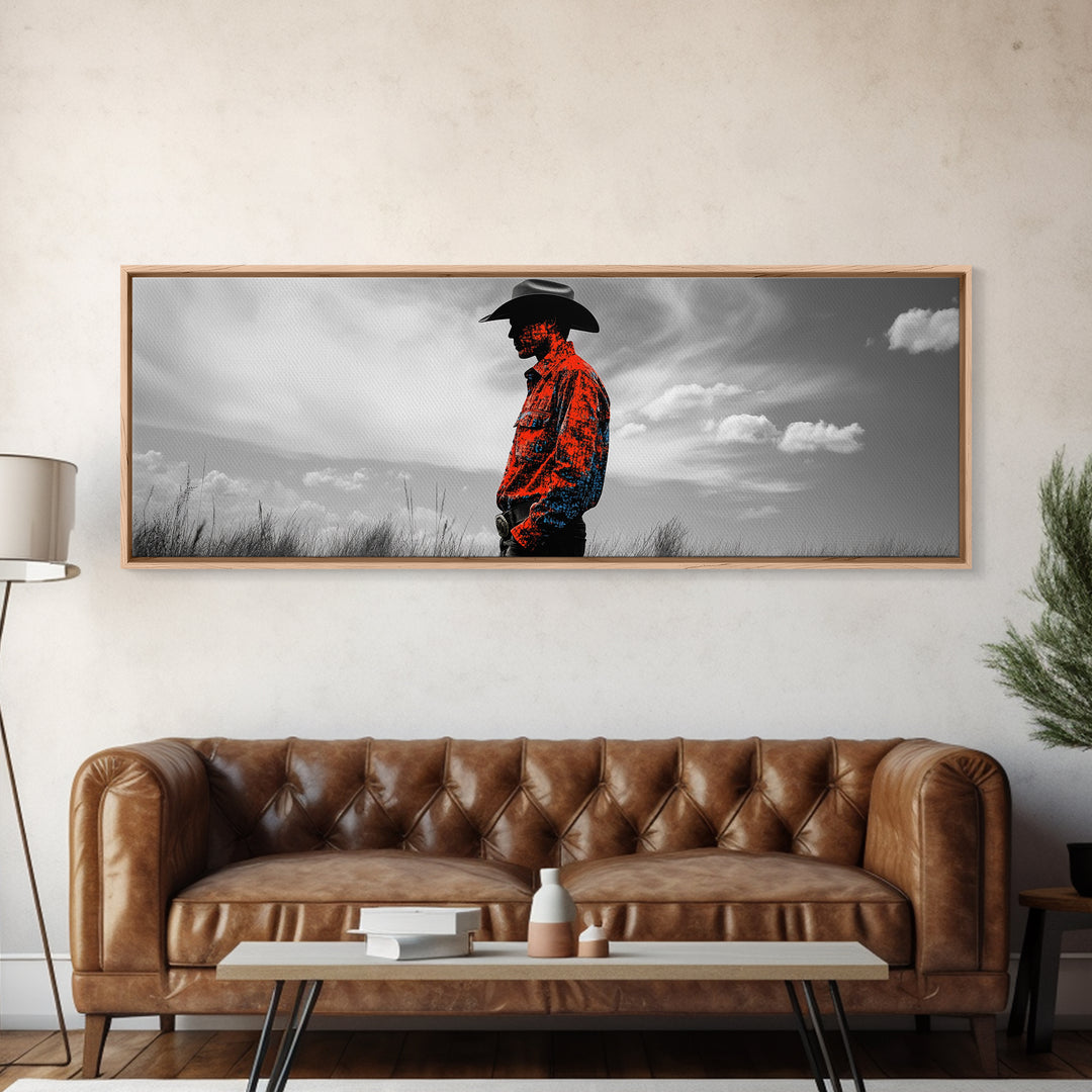 Cowboy Silhouette, Western Wall Art, Ranch Life Art, Moody Art, Southwestern Decor, Extra Wide Art, Rustic Wall Art, Canvas Print