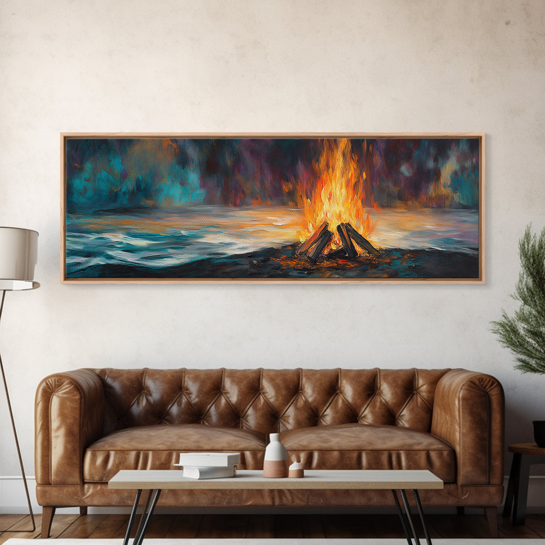 Bonfire, moody art, coastal landscape art, rustic decor, extra wide art, above bed wall art, gift idea for him, Canvas Print