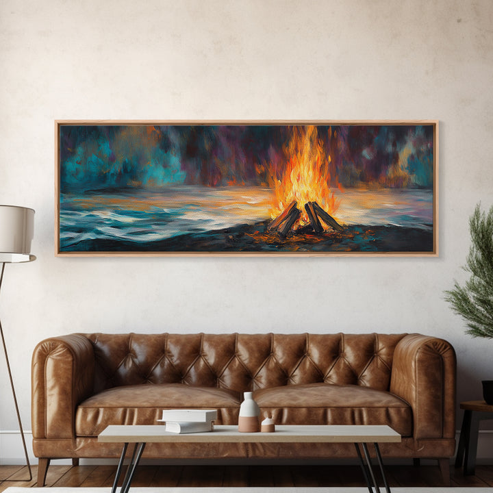 Bonfire, moody art, coastal landscape art, rustic decor, extra wide art, above bed wall art, gift idea for him, Canvas Print