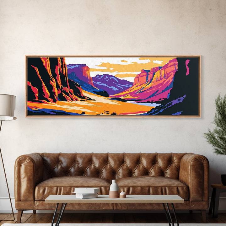 Canyon, mountain painting, pink orange wall art, southwest wall art, above couch art, panoramic art, Joshua tree art, Canvas Print