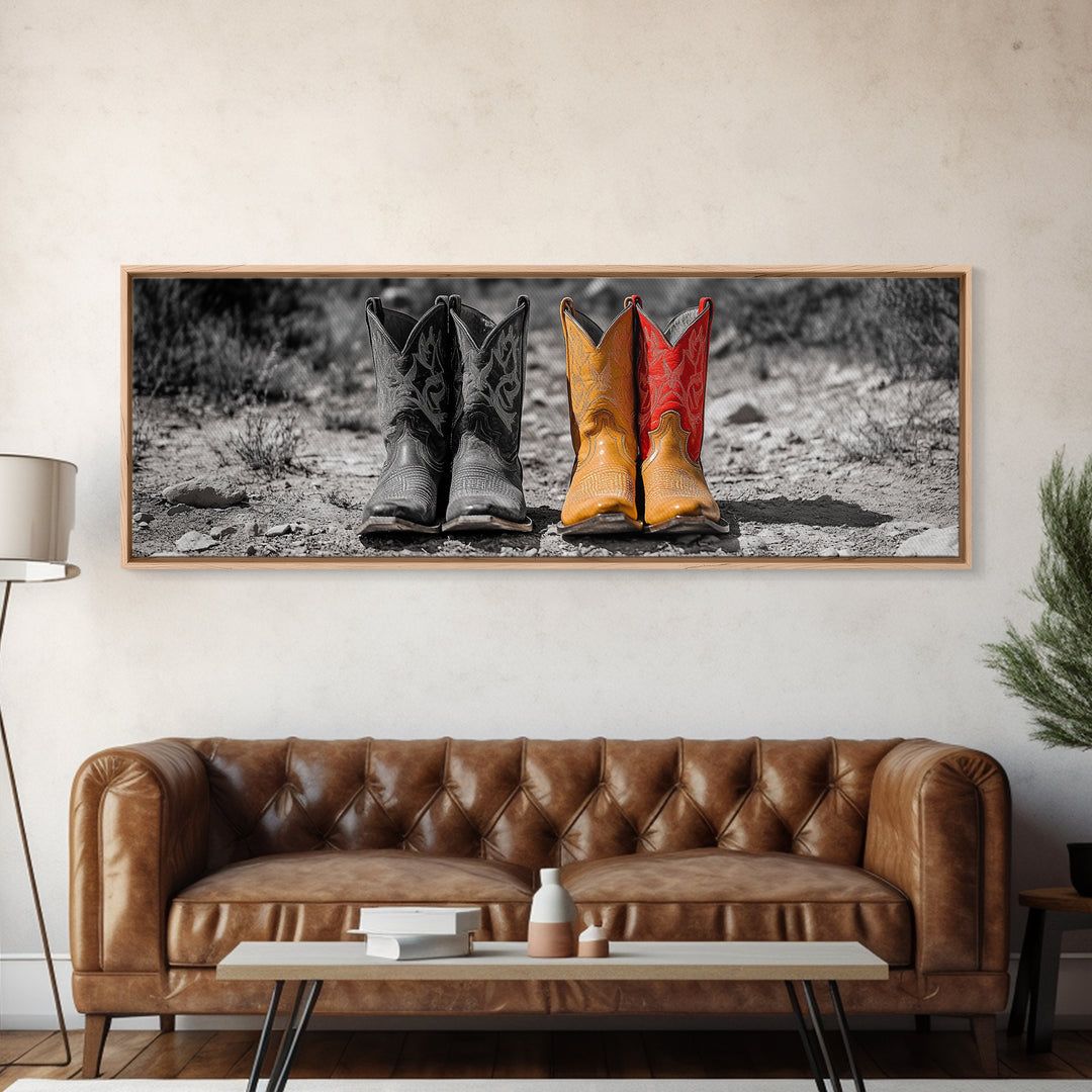 Cowboy Boots, Western Decor, Rustic Wall Art, Country Style Art, Farmhouse Art, Moody Art, Extra Wide Art, Framed Canvas Print