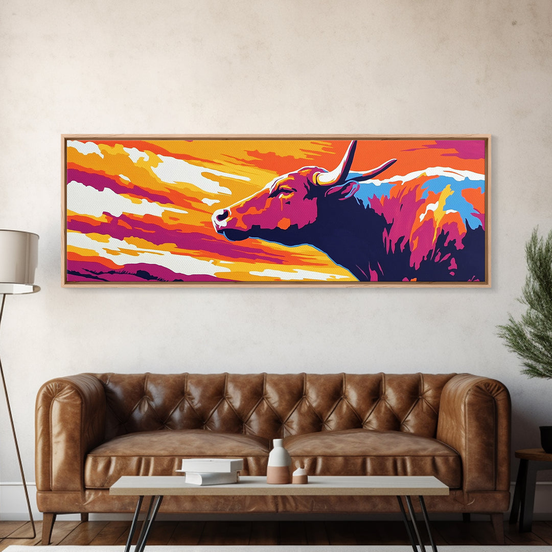 Sunset Bull, bull art, southwest wall art, pink orange wall art, extra wide art, rustic decor, Canvas Print