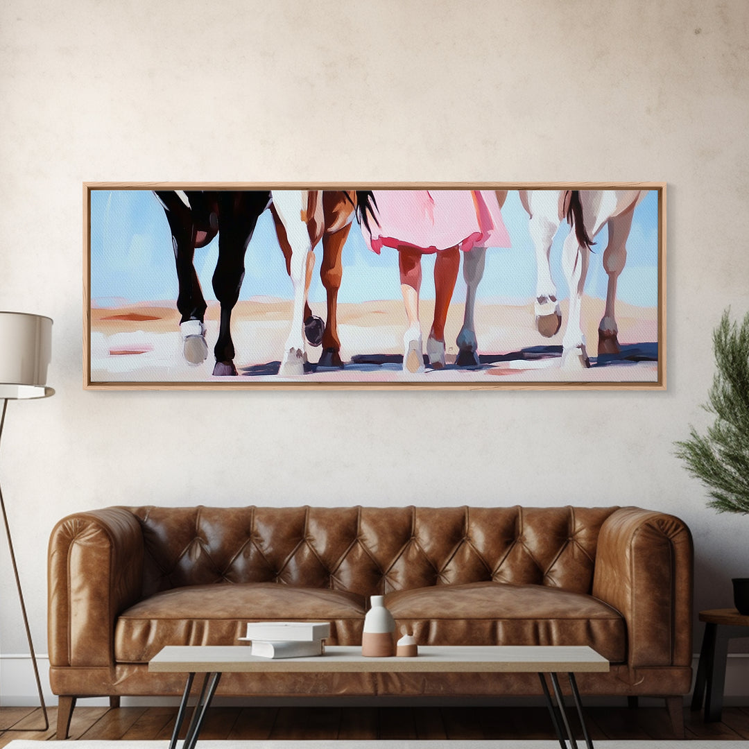 Horse Walk, western art, cowboy painting, rustic decor, extra wide art, panoramic art, framed canvas print, long narrow wall art
