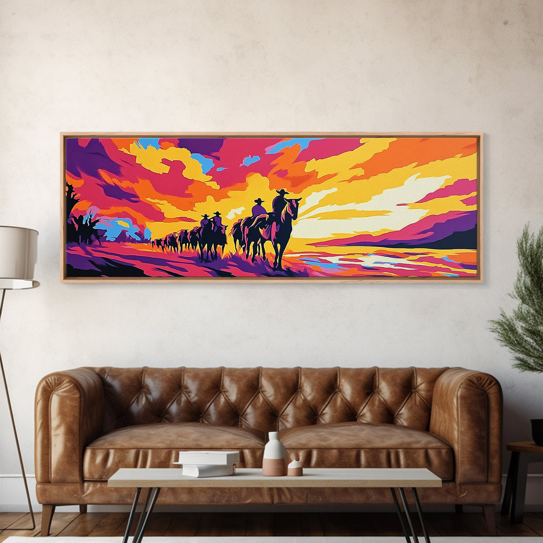 Cowboy Trail, sunset painting, southwest wall art, western decor, gift idea, extra wide art, panoramic painting, canvas print, rustic art