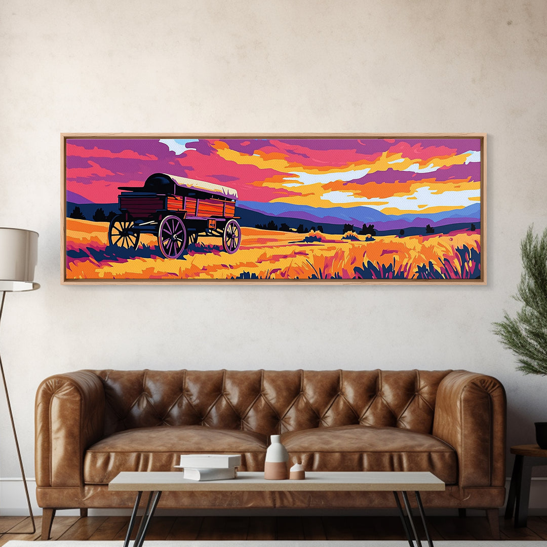 Prairie Wagon, rustic wall art, farmhouse art, cowboy painting, western decor, tall narrow art, panoramic painting, framed canvas print