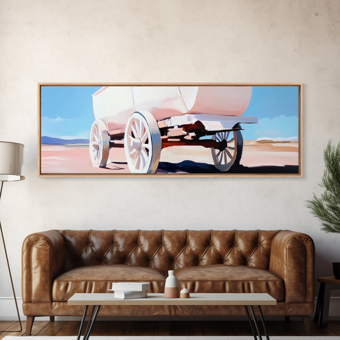 White Wagon, western painting, rustic art, farmhouse wall art, above couch art, cowboy decor, panoramic painting, canvas print, extra wide art