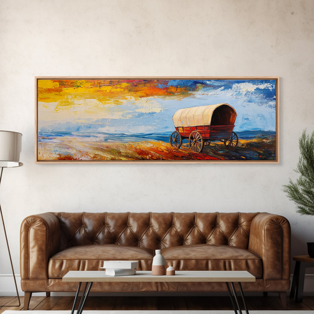 Country Wagon, coastal decor, rustic wall art, panoramic painting, barn landscape oil painting, boho art, Framed Canvas Print, gift idea