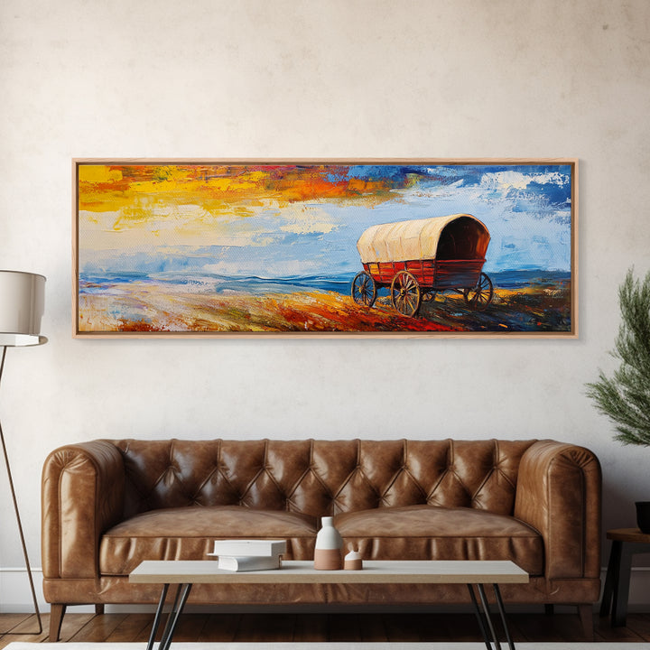 Country Wagon, coastal decor, rustic wall art, panoramic painting, barn landscape oil painting, boho art, Framed Canvas Print, gift idea