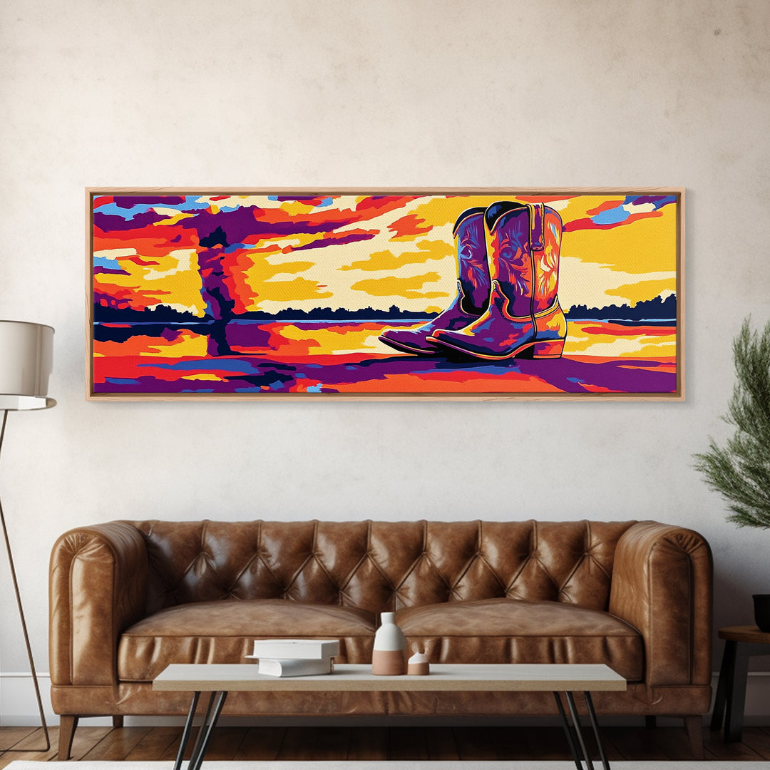 Cowboy Boots Art, Pink Orange Wall Art, Coastal Cowgirl Wall Art, Framed Canvas Print, Western Decor, Extra Wide Art, Rustic Art