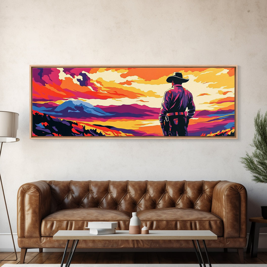 Cowboy Sunset, Pink Orange Wall Art, Coastal Cowgirl Wall Art, Canvas Print, Southwest Wall Art, Extra Wide Art, Western Decor