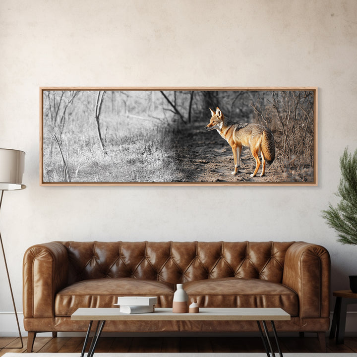 Coyote in Forest, Wildlife Wall Art, Rustic Decor, Nature Art, Moody Art, Extra Wide Art, Panoramic Art, Framed Canvas Print