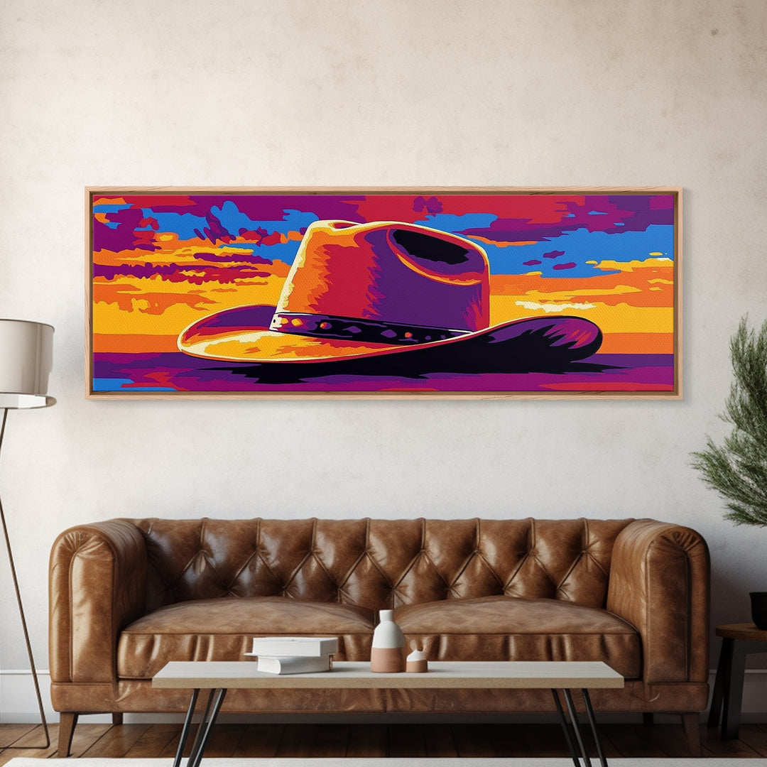 Cowboy Hat at Sunset, Pink Orange Wall Art, Blotter Art, Canvas Print, Southwest Wall Art, Extra Wide Art, Coastal Cowgirl Wall Art