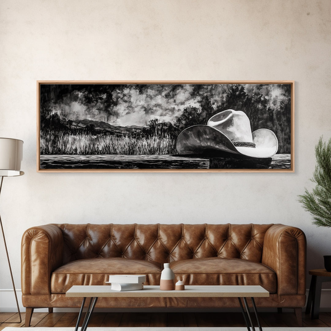 Black and White Art, cowboy hat painting, rustic decor, farmhouse art, extra wide art, panoramic art, framed canvas print, landscape painting