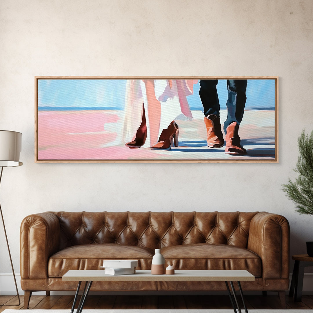 Beach Wedding Art, cowboy boots painting, coastal decor, coastal cowgirl wall art, extra wide art, framed canvas print, horizontal wall art