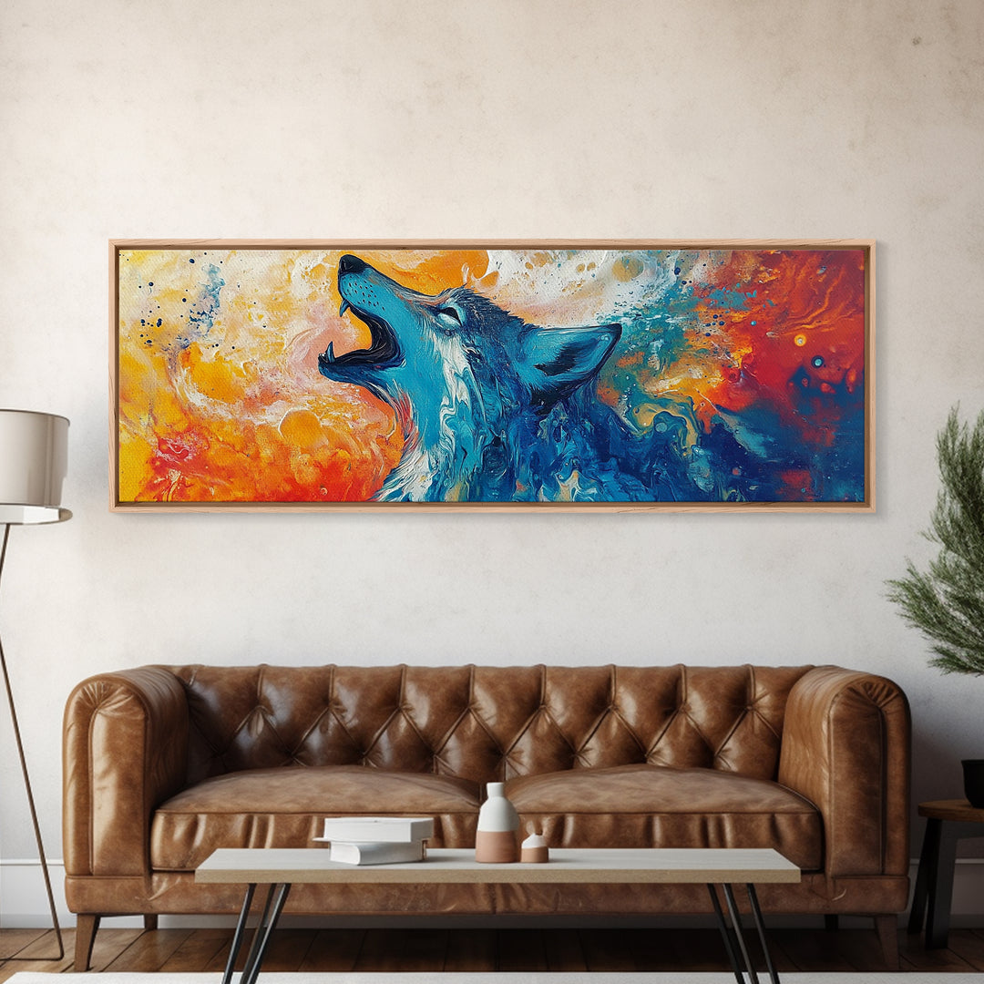 Abstract Wolf Art, moody art, blue and green wall art, extra wide art, framed canvas print, panoramic painting, rustic decor, southwest wall art