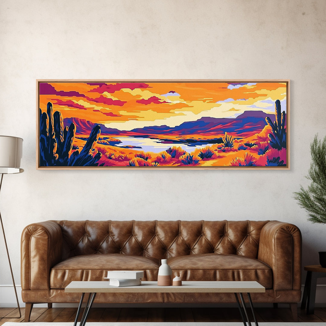 Desert Landscape Art, Joshua tree art, southwest wall art, extra wide art, panoramic painting, framed canvas print, rustic wall art, sunset painting