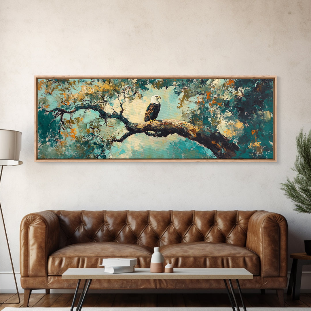 Eagle Painting, Framed Canvas Print, Bird Art, Forest At Dusk Painting, Moody Art, Extra Wide Art, Rustic Wall Art, Above Bed Art