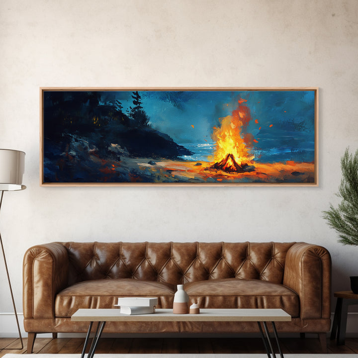 Coastal Cowgirl Wall Art, Framed Canvas Print, Campfire Painting, Rustic Decor, Moody Art, Extra Wide Art, Living Room Art, Above Couch Art