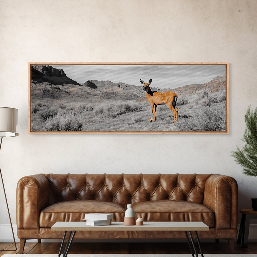 Desert Deer, Southwest Wall Art, Wildlife Painting, Rustic Wall Art, Nature Decor, Extra Wide Art, Horizontal Wall Art, Framed Canvas Print
