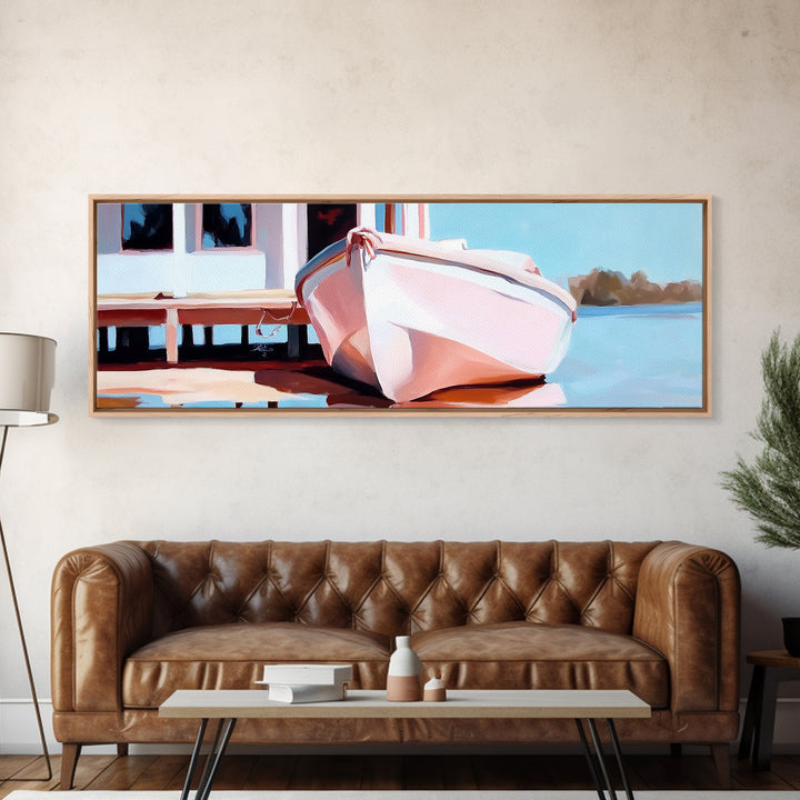 Nautical Wall Art, Framed Canvas Print, Coastal Decor, Boat Painting, Seascape Art, Extra Wide Art, Rustic Wall Art, Living Room Art, Gift Idea