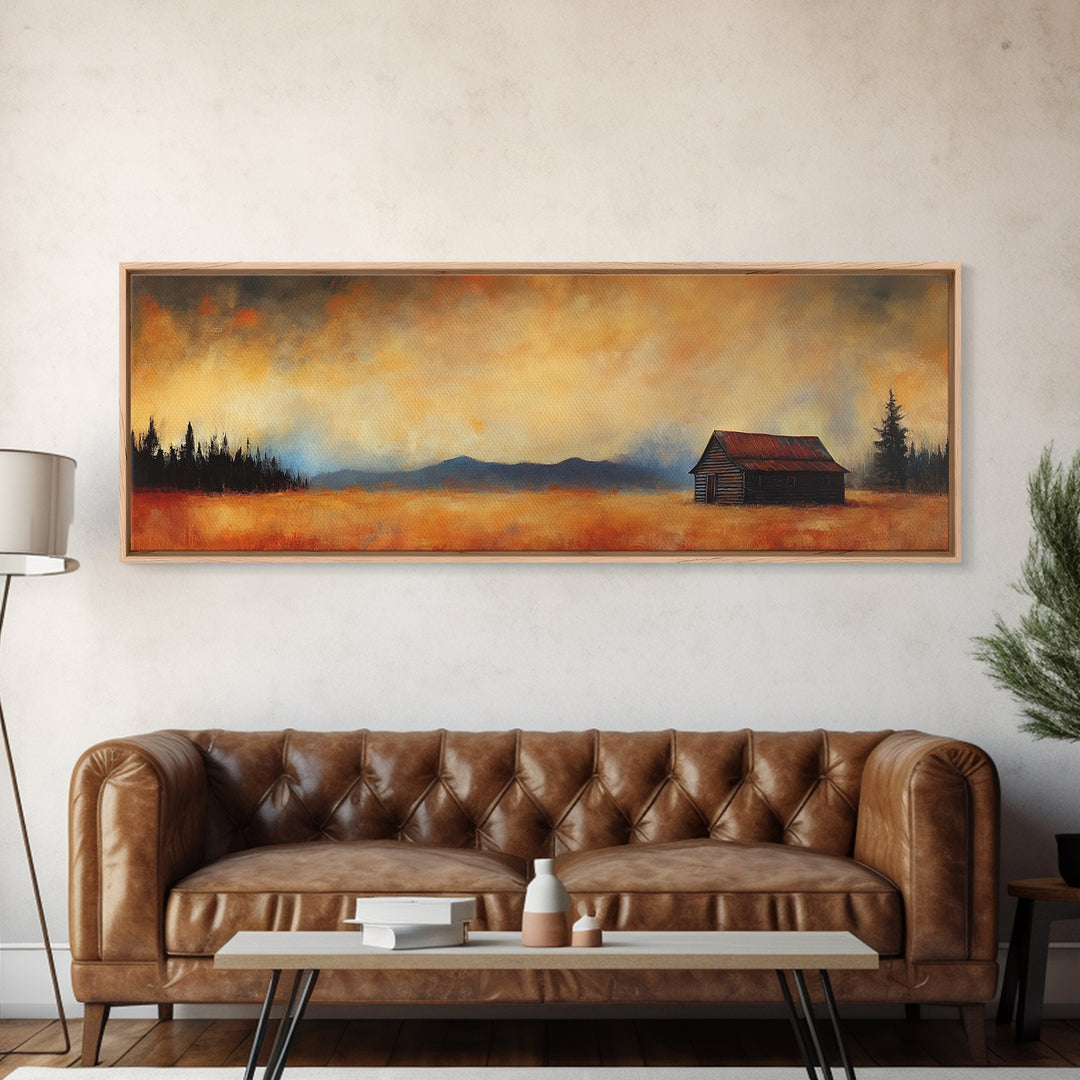 Rustic Wall Art, Framed Canvas Print, Barn Landscape Oil Painting, Moody Art, Extra Wide Art, Fall Decor, Living Room Art, Above Couch Art