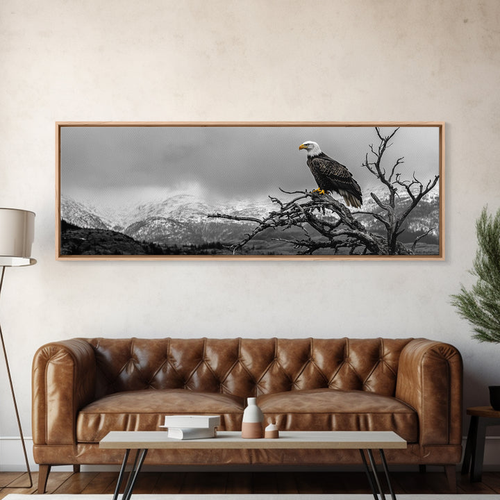 Bald Eagle, Mountain Painting, Wildlife Art, Nature Wall Art, Rustic Decor, Moody Art, Above Sofa Art, Extra Wide Art, Framed Canvas Print