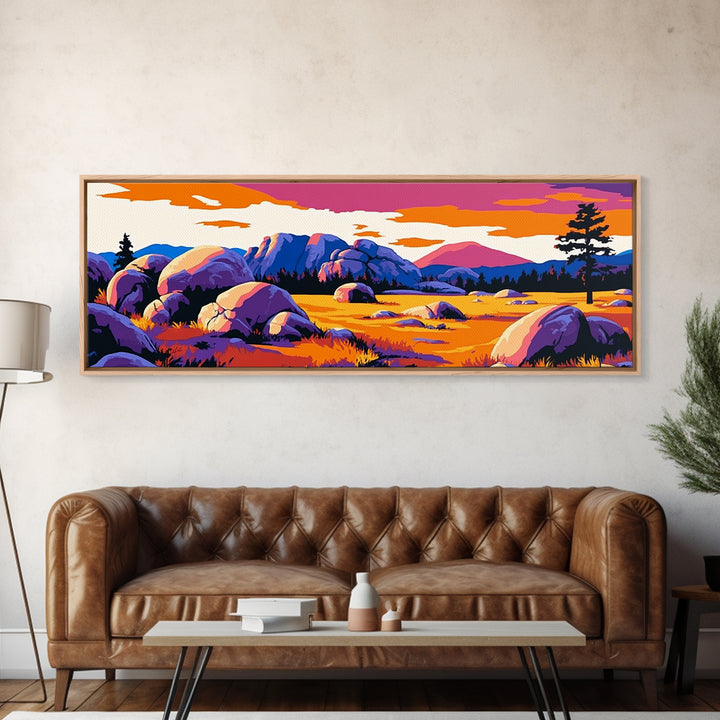Southwest landscape, sunset painting, Joshua tree art, pink orange wall art, extra wide art, rustic decor, framed canvas print