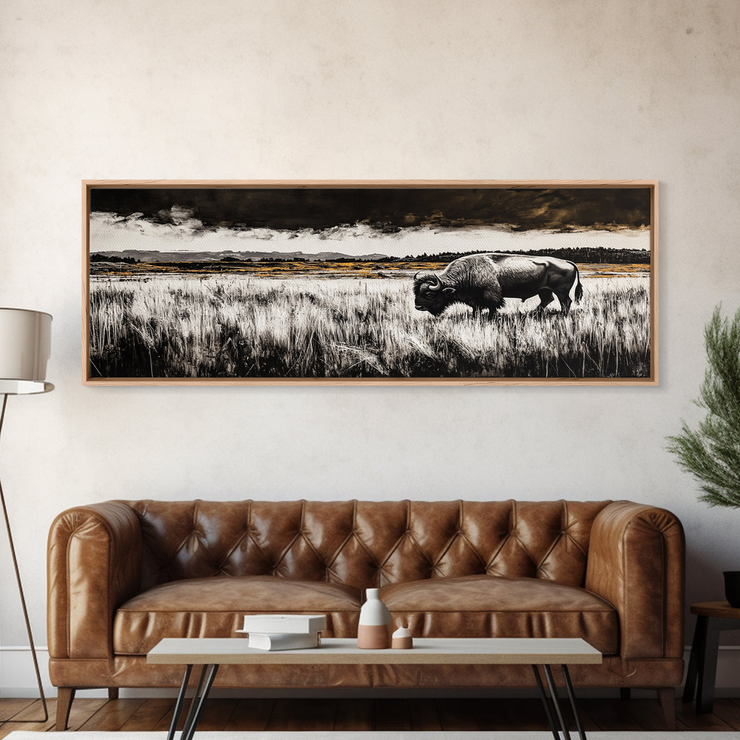 Bison painting, rustic art, black and white wall art, moody art, western decor, panoramic painting, extra wide art, framed canvas print