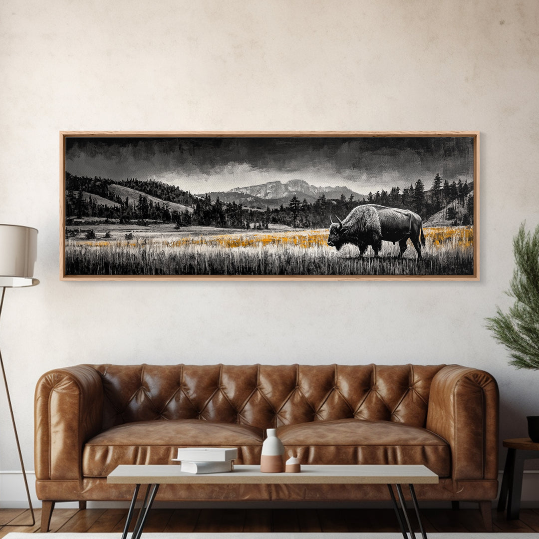 Bison art, mountain painting, black and white western art, farmhouse art, smoky mountain art, extra wide art, framed canvas print
