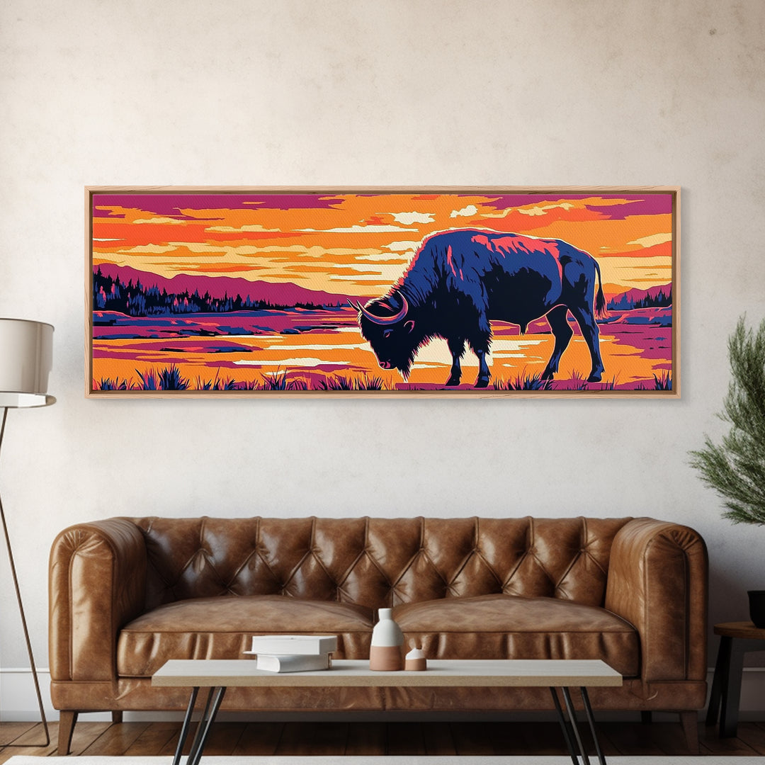Buffalo painting, southwest wall art, rustic decor, pink orange wall art, cowboy art, above couch art, extra wide art, canvas print