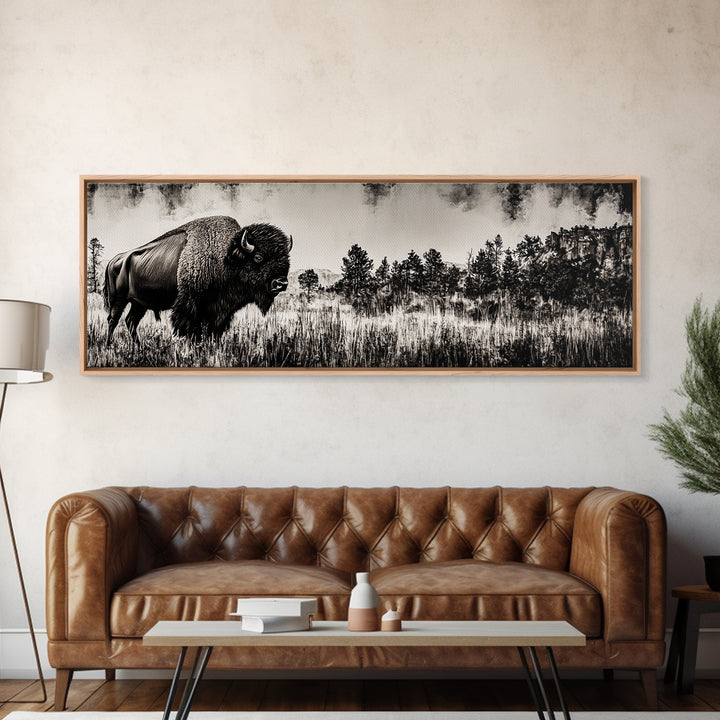 Bison landscape, black and white western painting, rustic decor, extra wide art, smoky mountain art, panoramic painting, framed canvas print