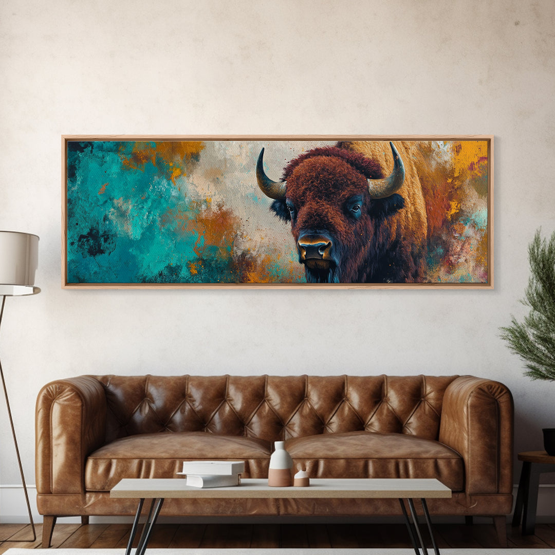 Bold bison painting, teal and orange art, rustic wall art, farmhouse decor, boho art, extra wide western painting, canvas print