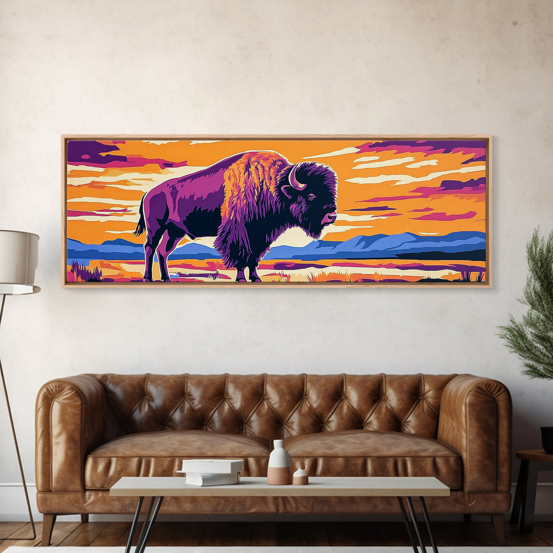 Bison, sunset, southwest wall art, buffalo, pink orange wall art, panoramic art, framed canvas print, extra wide art, rustic decor