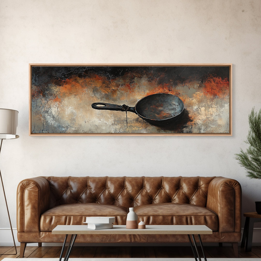 Cast Iron Skillet, rustic art, food review kitchen art, moody art, farmhouse art, extra wide art, framed canvas print, wall decor