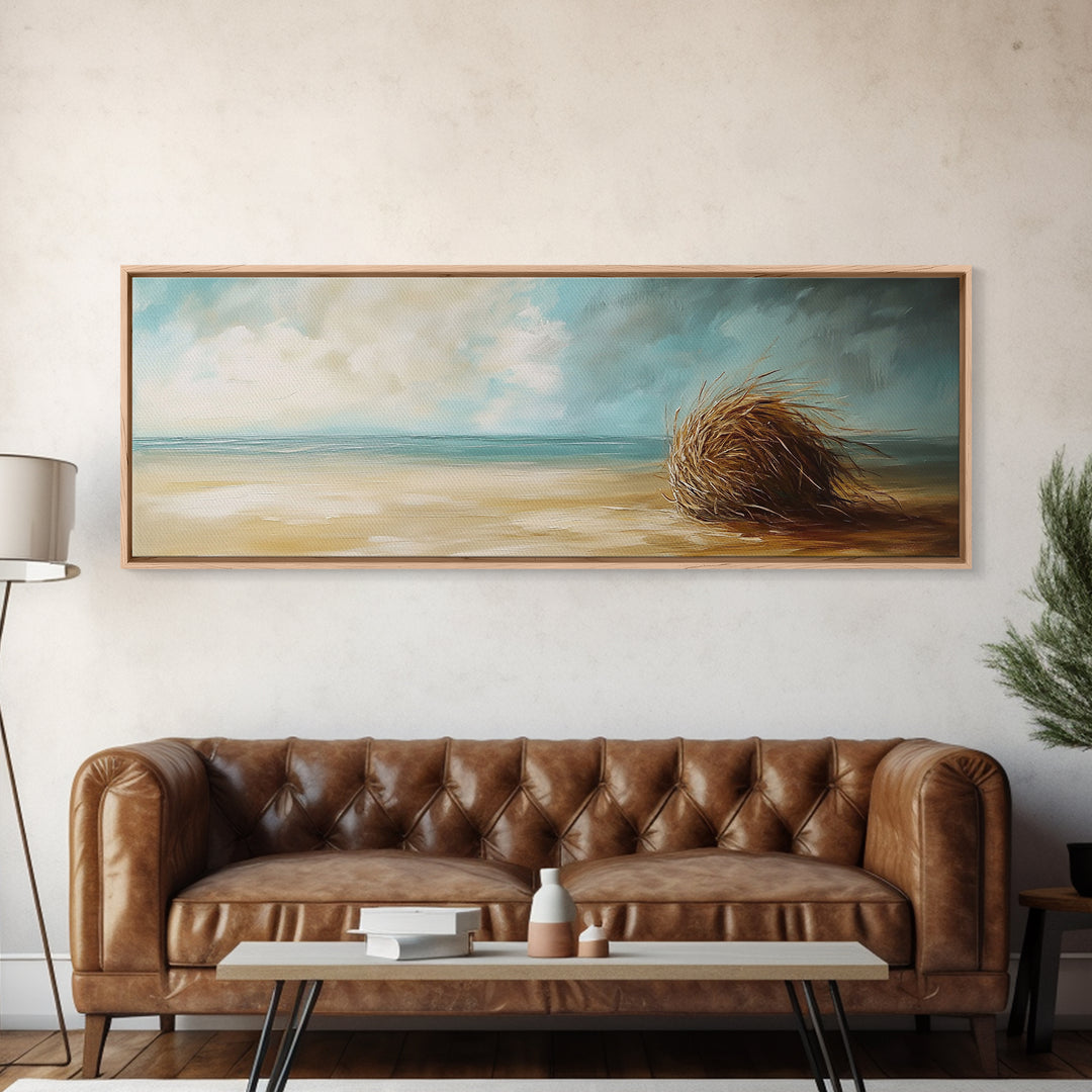 Beach Tumbleweed Art, Coastal Landscape, Seascape Painting, Nautical Wall Art, Wabi Sabi Art, Framed Canvas Print, Rustic Decor