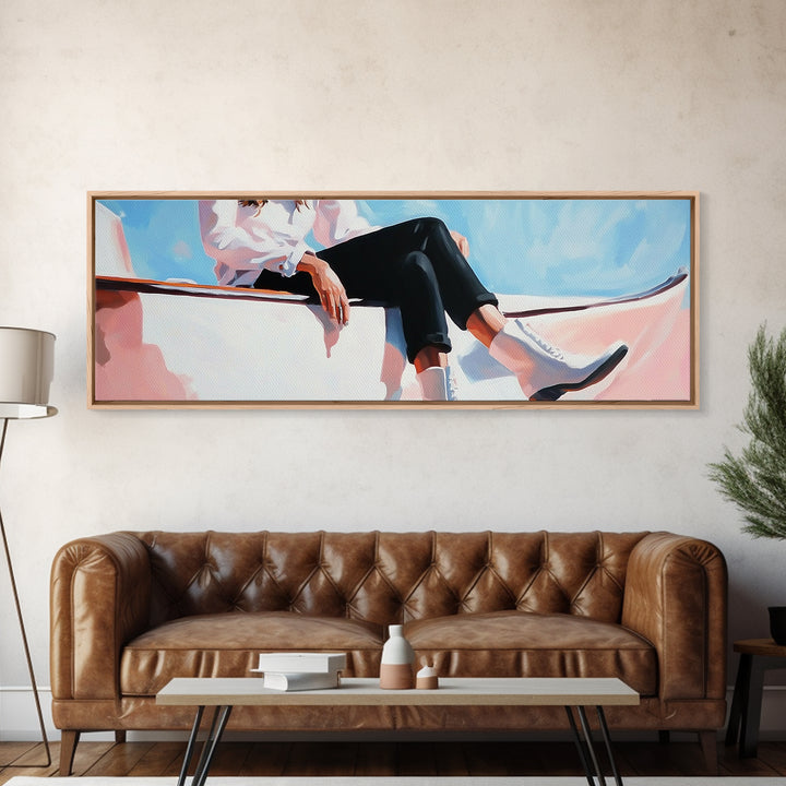 Coastal cowgirl, beach aesthetic, nautical decor, minimalist art, pastel painting, extra wide art, framed canvas print, surf wall art