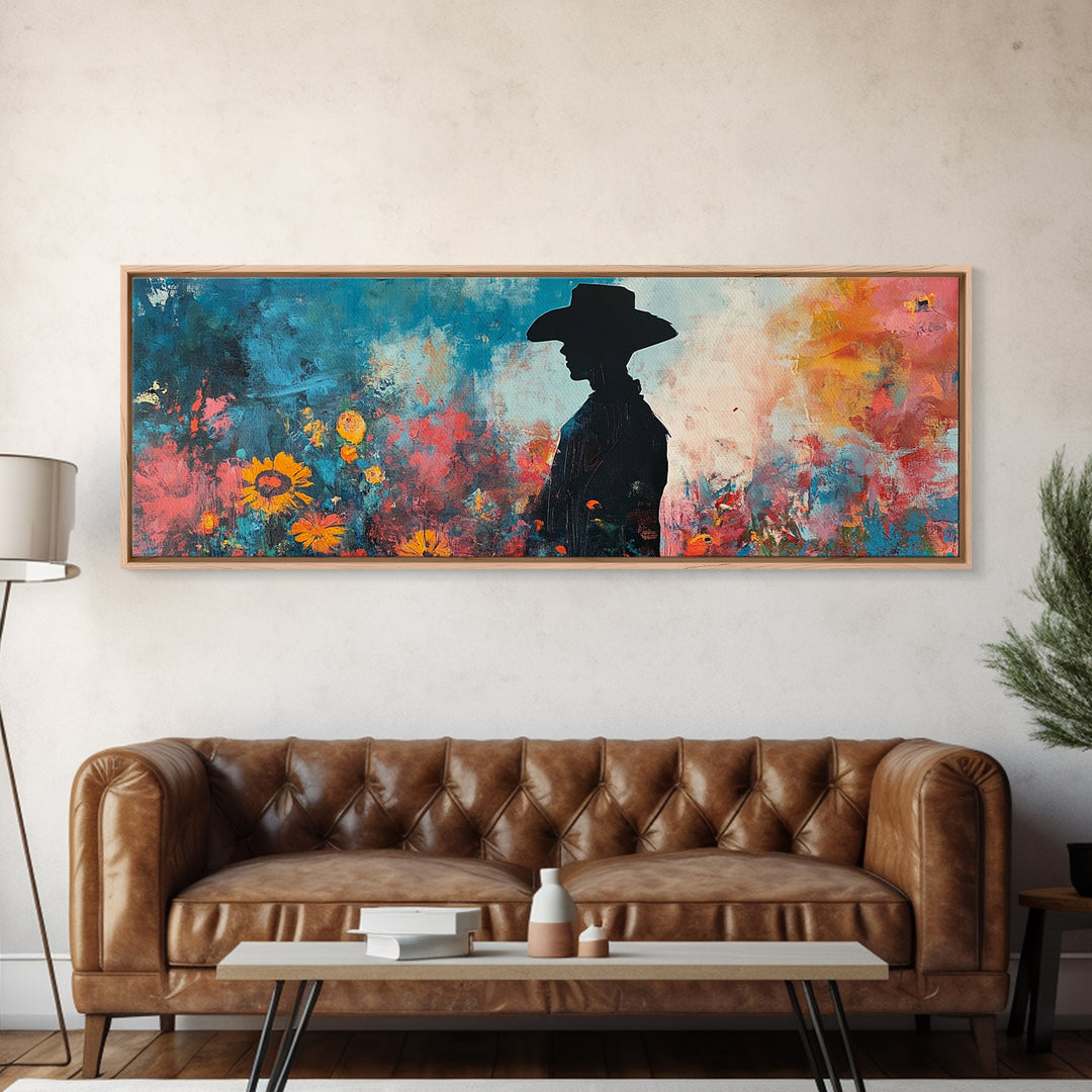Black cowgirl painting, western decor, wildflower painting, boho art, extra wide art, framed canvas print, rustic decor, poppy wall art