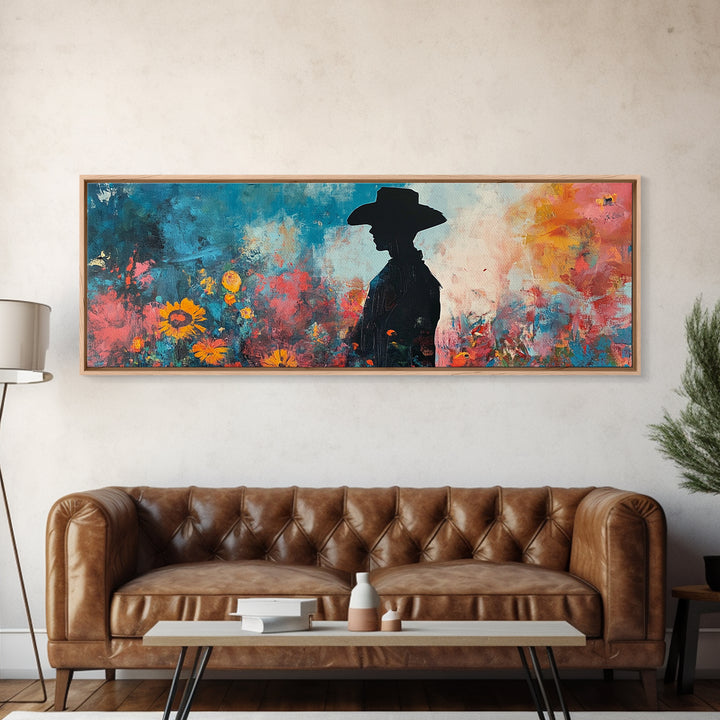 Black cowgirl painting, western decor, wildflower painting, boho art, extra wide art, framed canvas print, rustic decor, poppy wall art