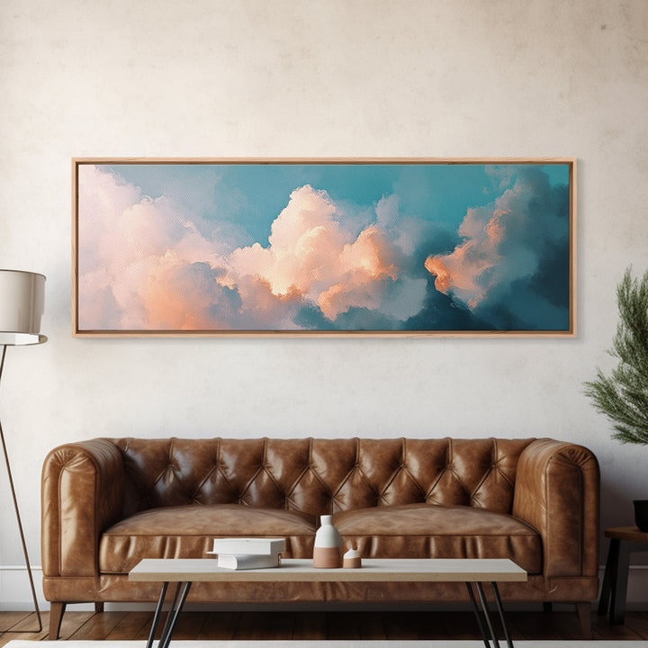 Cloud painting, sky wall art, soft pastel art, extra wide art, bedroom art, panoramic painting, framed canvas print, wabi sabi art