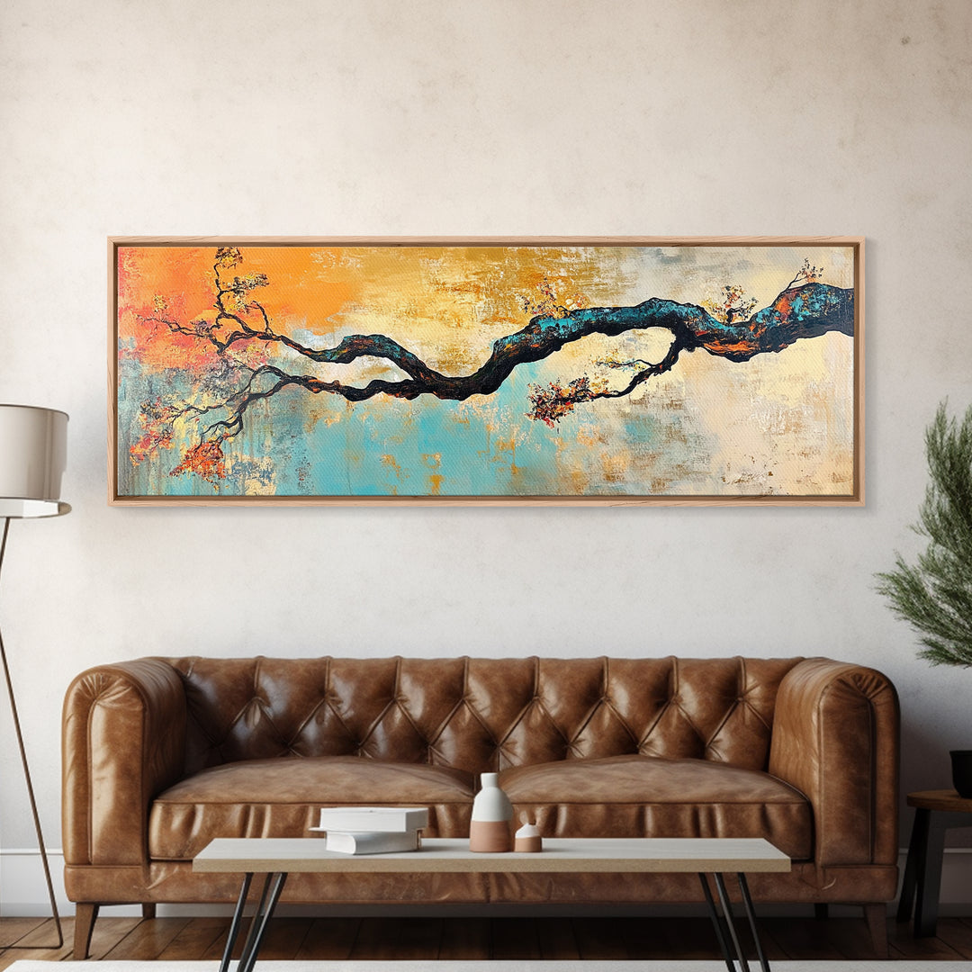 Birch tree painting, autumn decor, extra wide art, botanical prints, nature wall art, framed canvas print, long narrow wall art, wabi sabi art