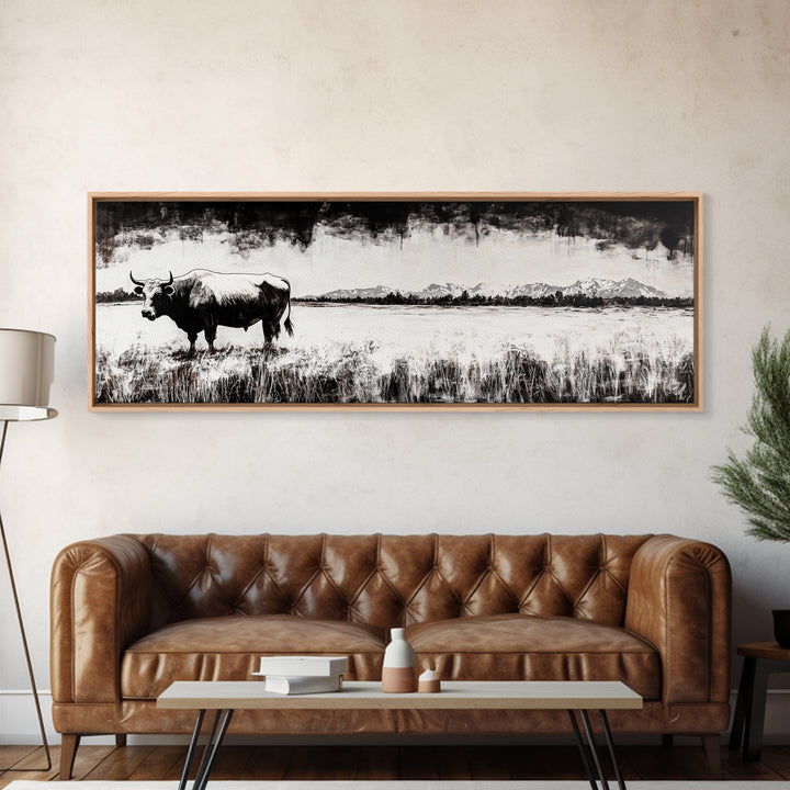 Bull and bear art, black and white painting, rustic wall art, farmhouse decor, extra wide art, framed canvas print, moody art, landscape painting