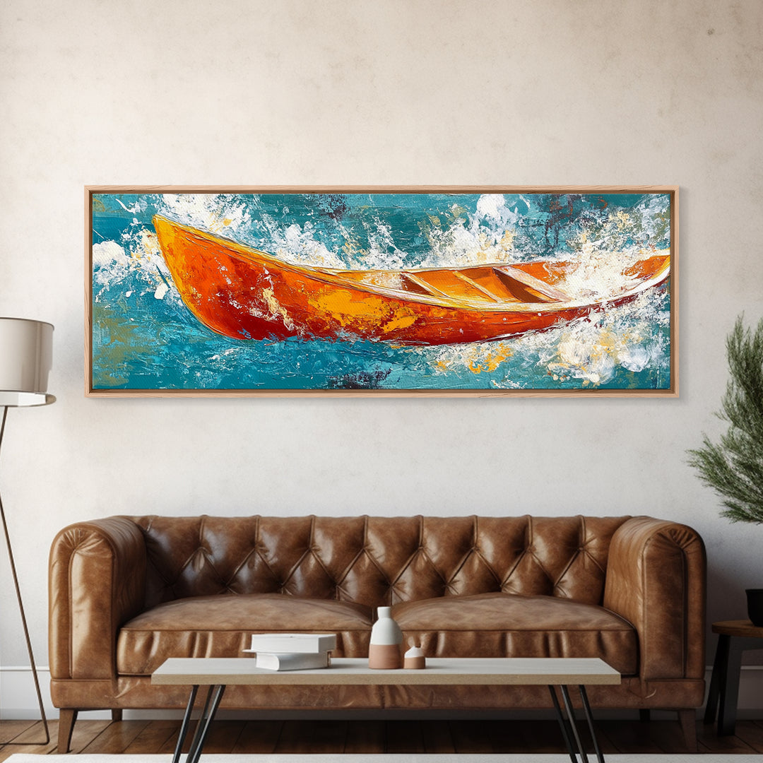 Boat in Waves, coastal wall art, nautical painting, extra wide horizontal art, ocean decor, farmhouse art, framed canvas print
