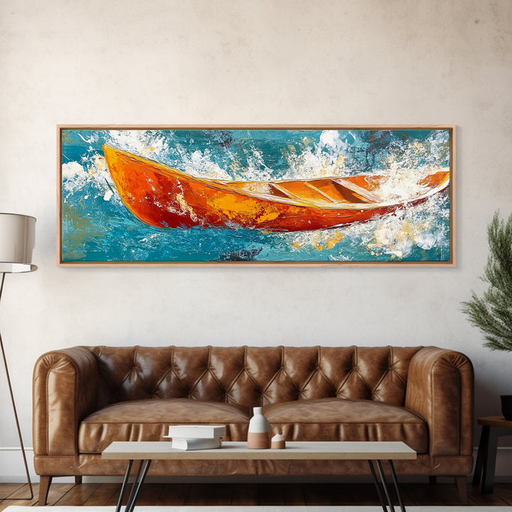 Boat in Waves, coastal wall art, nautical painting, extra wide horizontal art, ocean decor, farmhouse art, framed canvas print