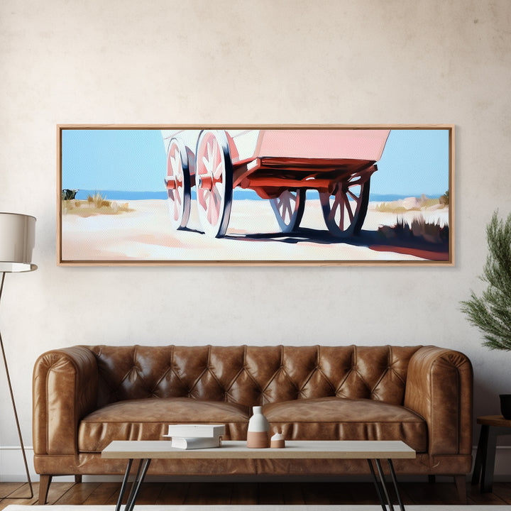 Desert Wagon, rustic western art, cowboy decor, boho wagon painting, farmhouse wall art, extra wide panoramic art, framed canvas print