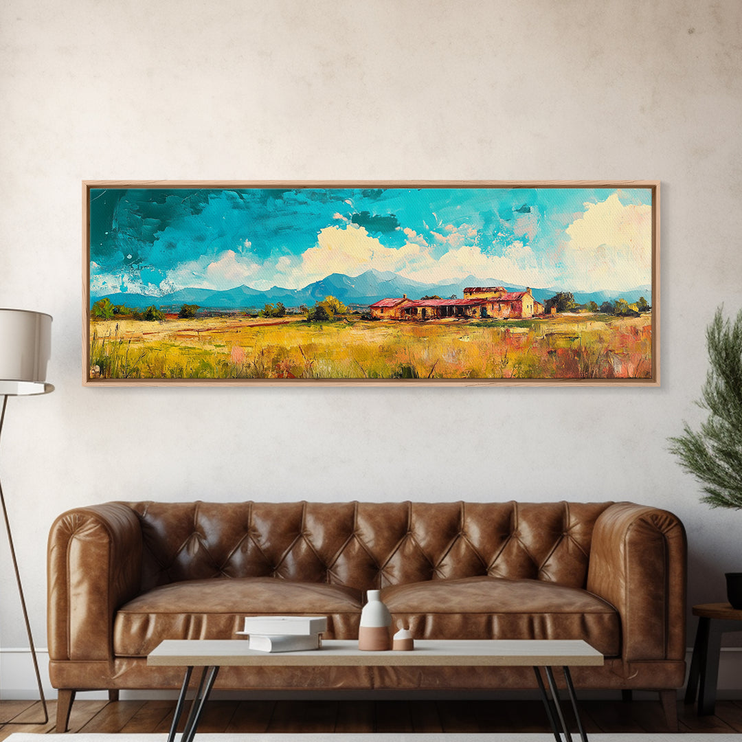 Desert Homestead, western wall art, rustic art, farmhouse painting, southwest landscape painting, extra wide art, framed canvas print