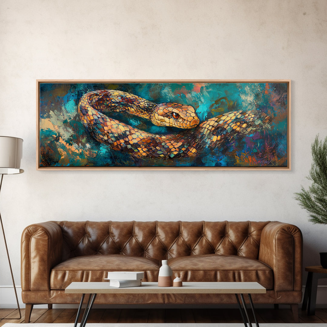 Coiled Serpent, moody art, snake painting, dark romance art, gothic decor, rustic wall art, panoramic wall art, framed canvas print