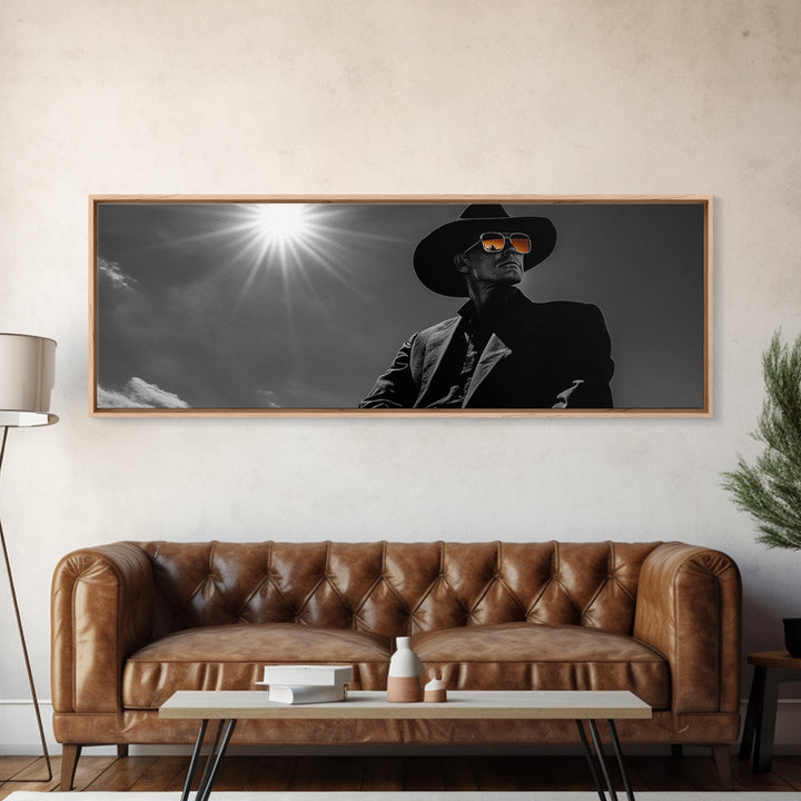 Cowboy, moody art, dark angels wall art, southwest wall art, rustic wall art, western aesthetic, framed canvas print, extra wide art